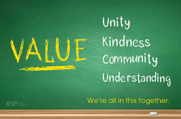 Value, unity, kindness, community, understanding. We're all in this together Social Media graphic